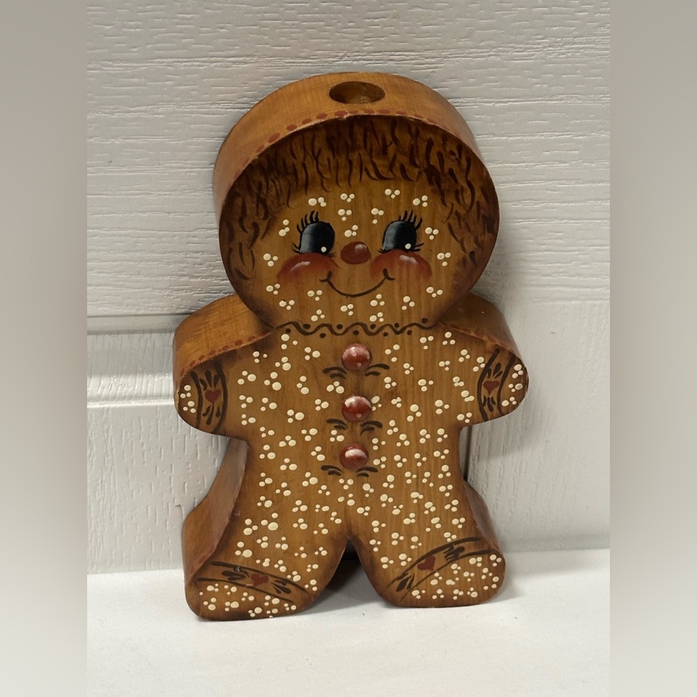 1980s–1990s Folk Art Wooden Gingerbread Candle Holder HandPainted Vintage  Decor